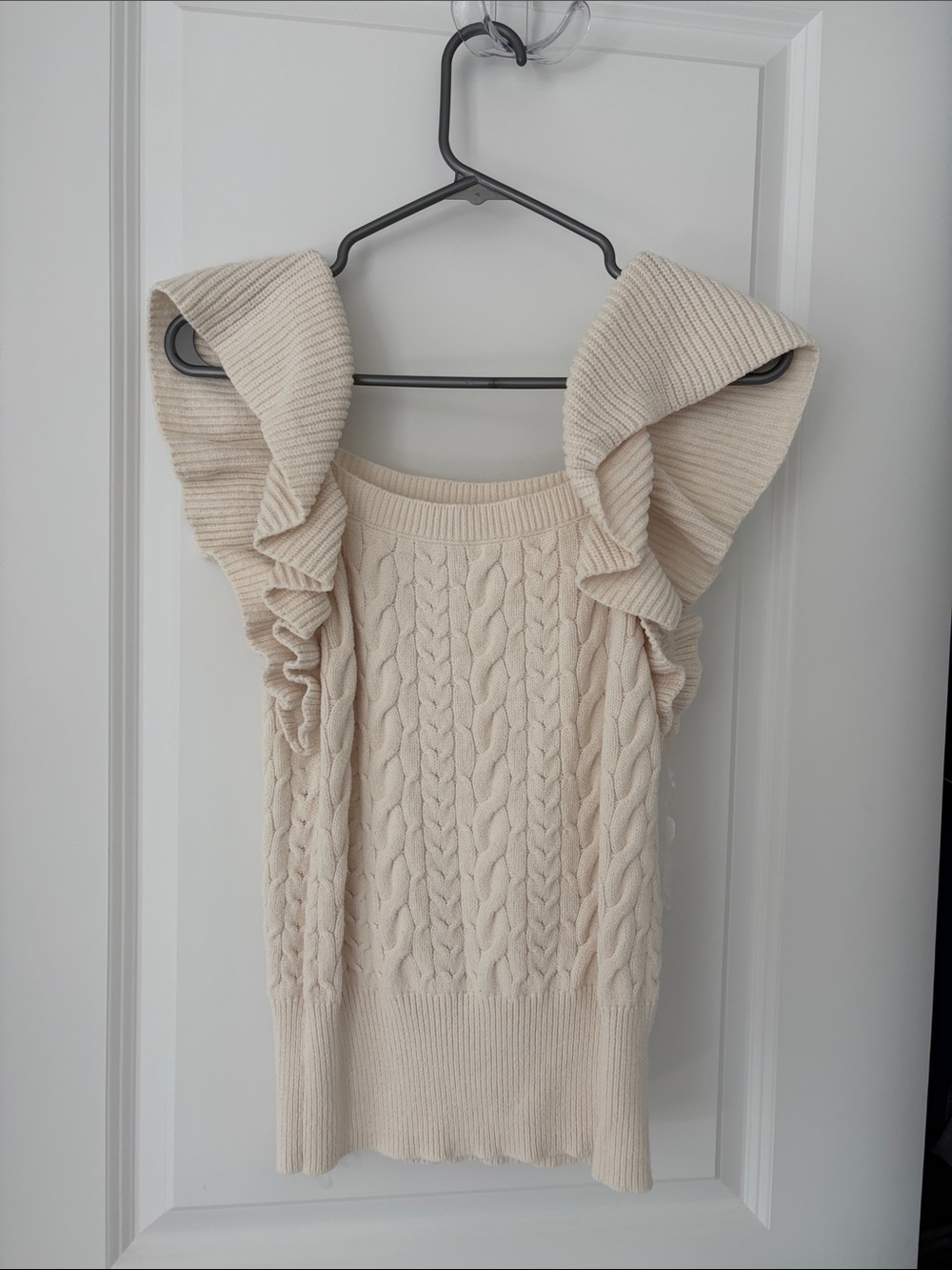 A New Day Cream Cable-Knit Off-Shoulder Ruffle Sweater